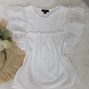 J Crew White Eyelet Flutter-Sleeve Pom-Pom Trim Top Size XXS